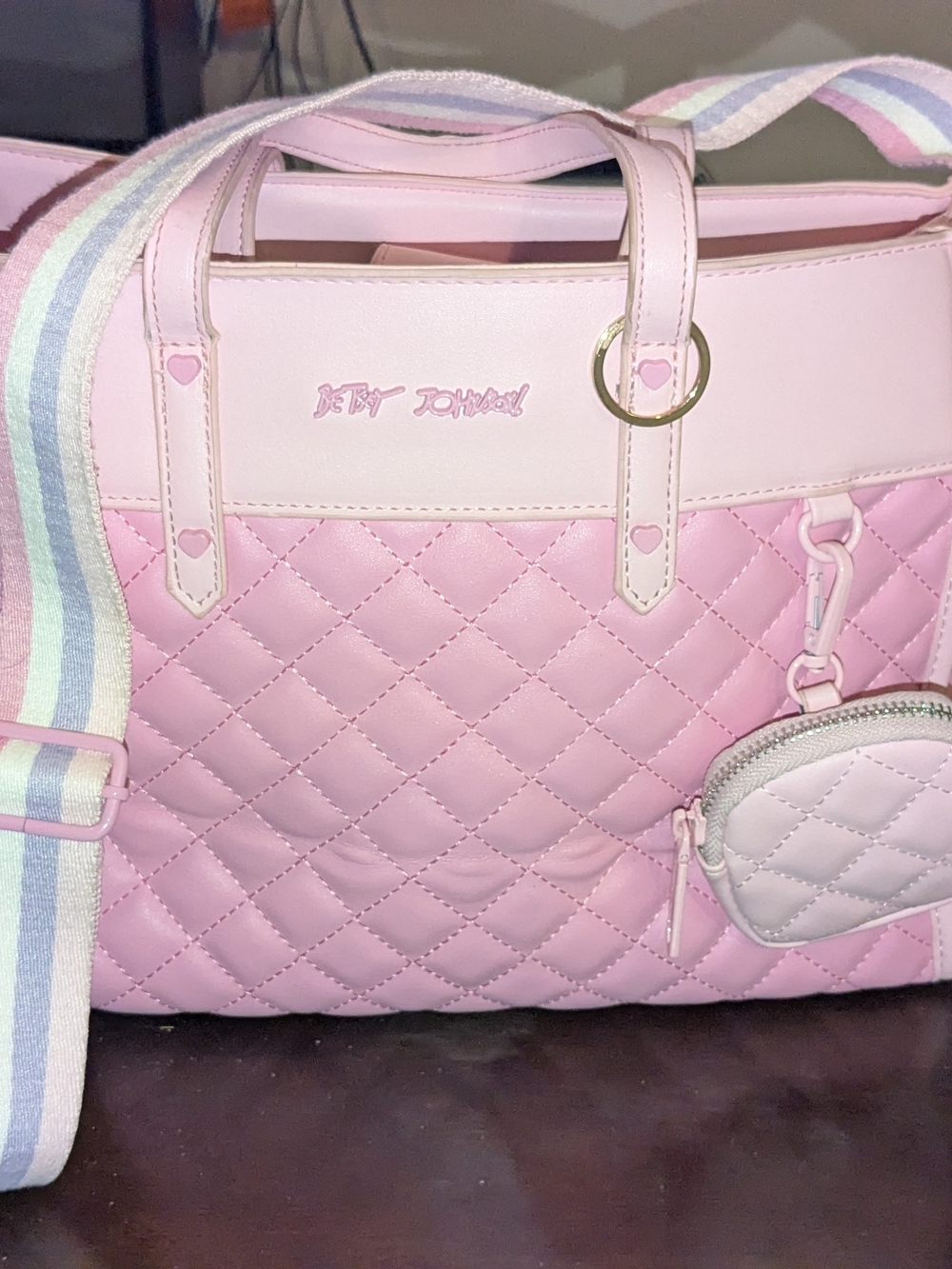 Betsey Johnson Light Pink Quilted Tote with Pastel Stripe Strap